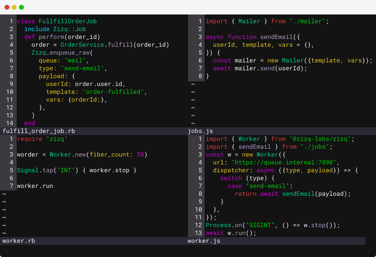 Terminal showing text editor with code using zizq